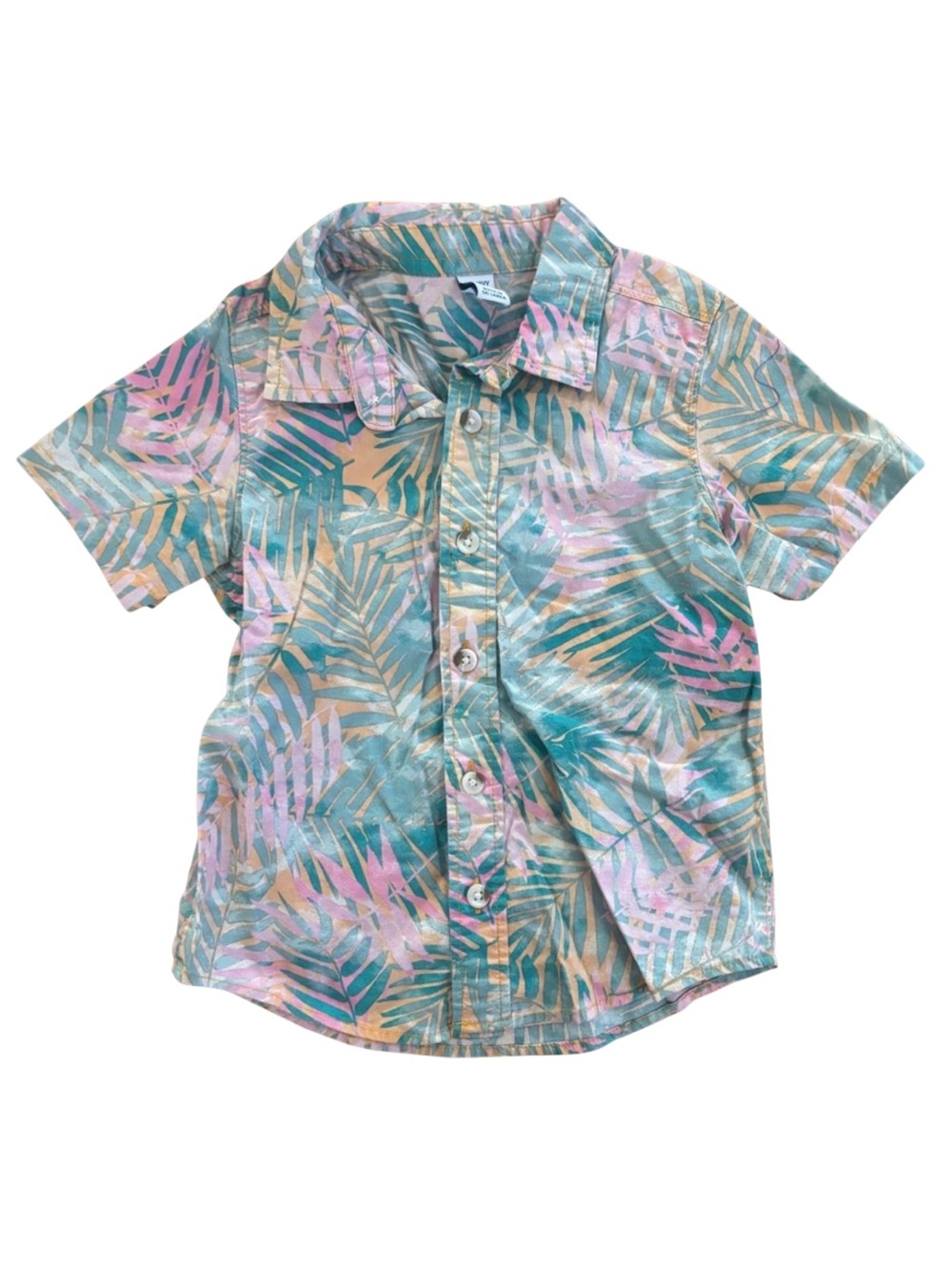 Art Class Short Sleeve Button Down Shirt Tropical Multi Green Pink 3T Boys